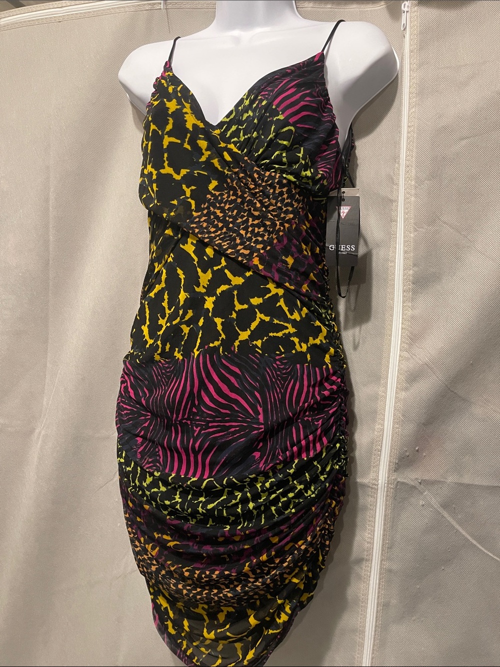 GUESS Multicolor Animal-Print Ruched Mini Dress in Black, Pink & Yellow
